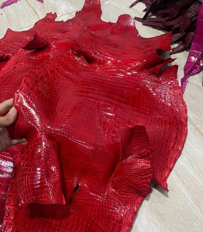 glazed red crocodile leather